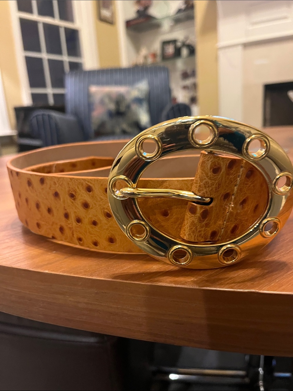Vintage Anne Klein New York Ostrich-Embossed Leather Belt with Gold Buckle, Sm